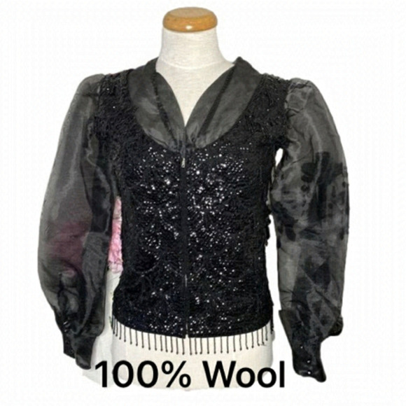 🌹 Gorgeous 100% Wool Vintage Sheer Puffed Sleeve Sequin Beaded Jacket 🌹 - Picture 1 of 10